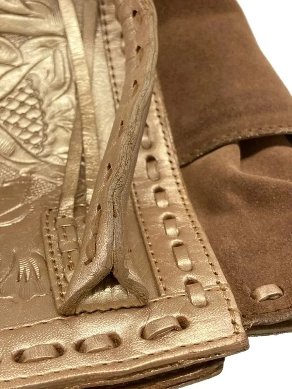 Carving Tribes Gold Brown Leather Suede Tote Bag